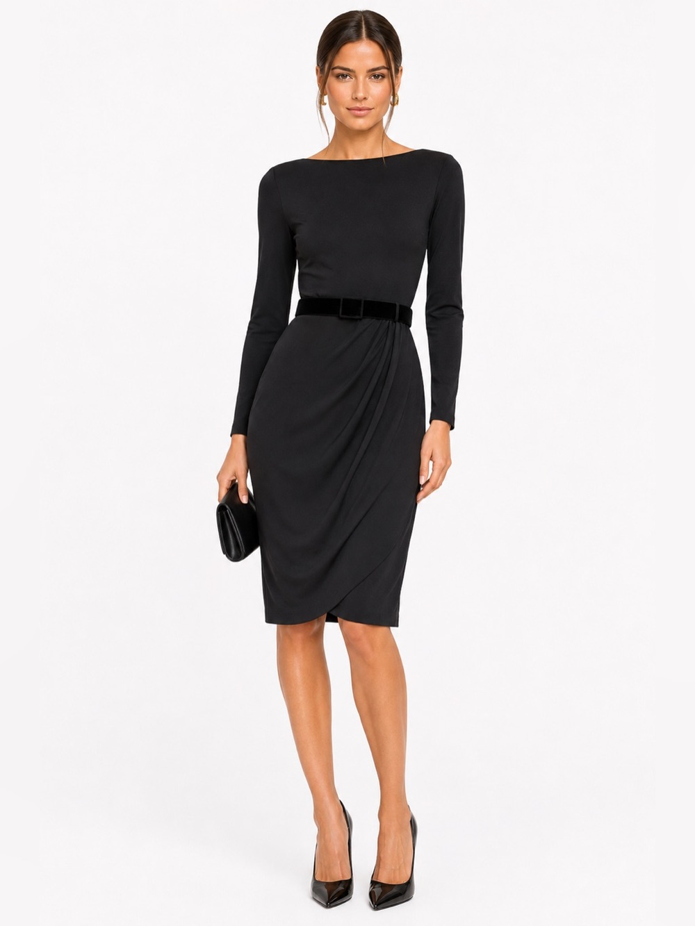 Vintage Valentino Roma Black Draped Dress with Velvet Belt Rare Retro Italian